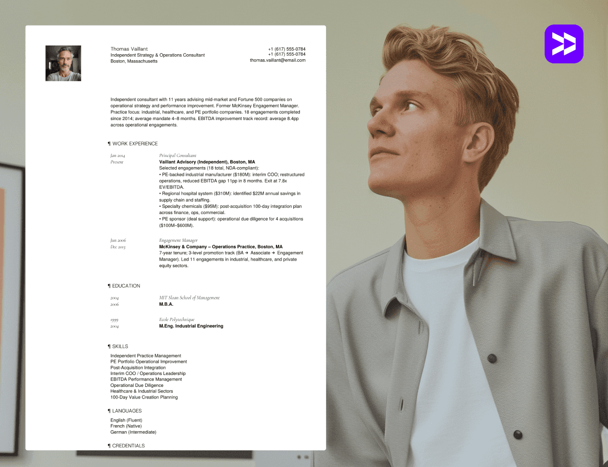 Consultant CV example in professional office setting