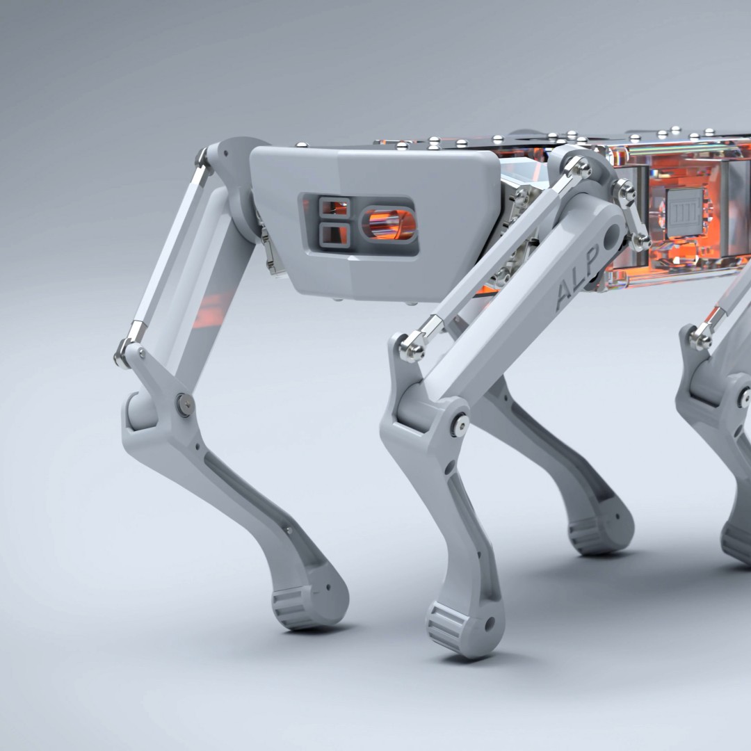 Side view of a futuristic quadruped robot with articulated mechanical legs, grey body panels, and a transparent core revealing glowing orange components — created in Houdini for procedural build-up animation and technical product visualization.