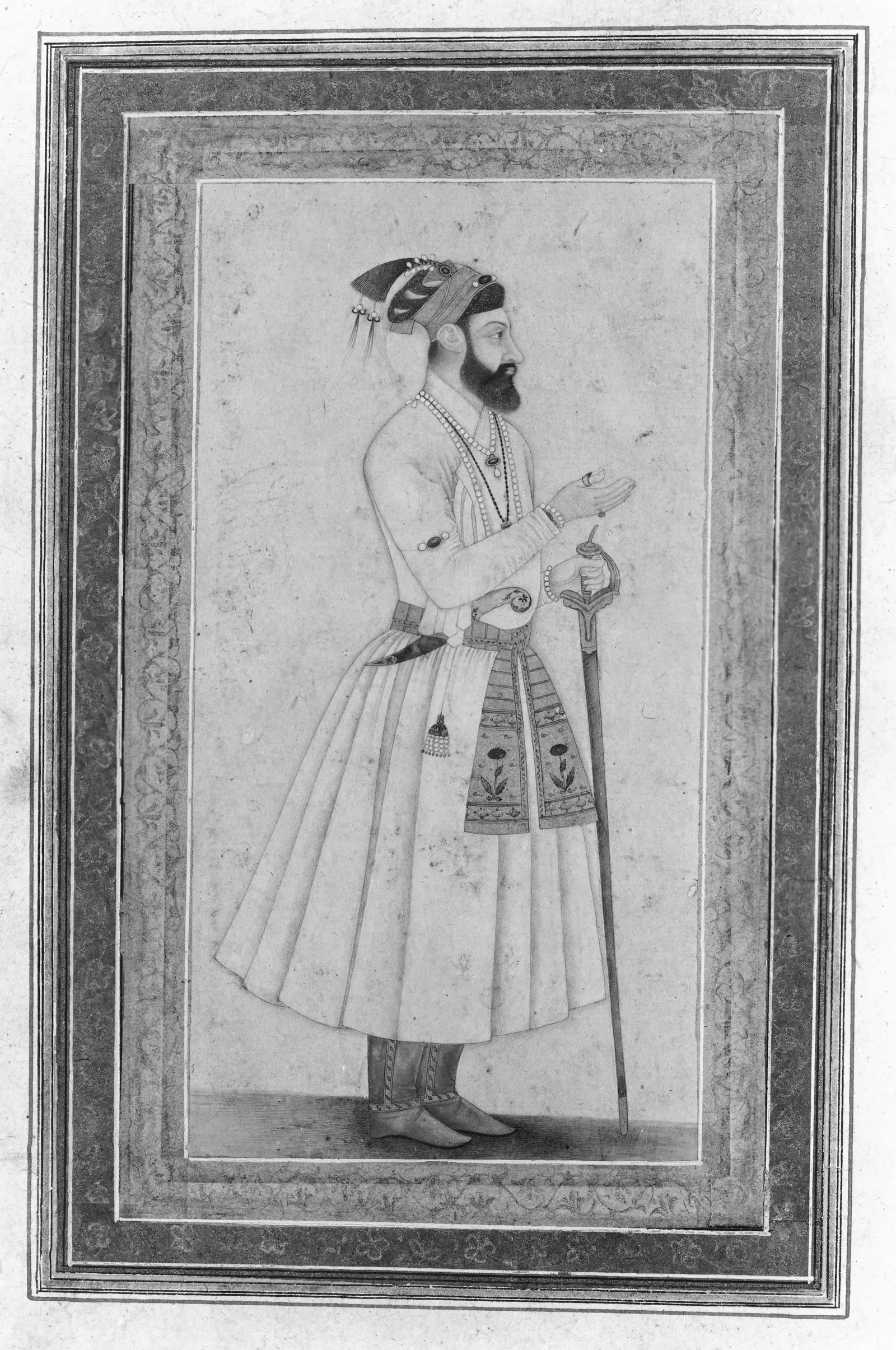 Seventeenth-century portrait of Mughal emperor Aurangzeb holding a sword.