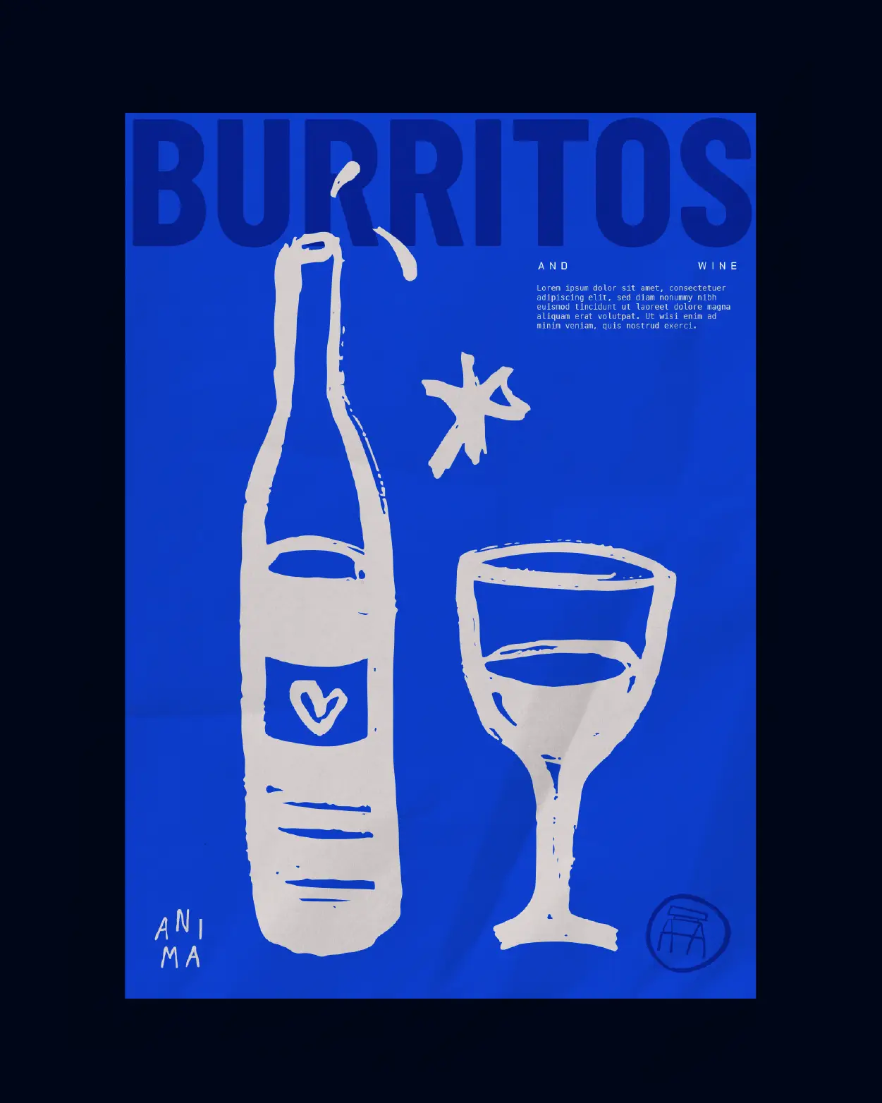 Poster with hand-drawn wine bottle and glass for Burrito and Wine event on blue paper.