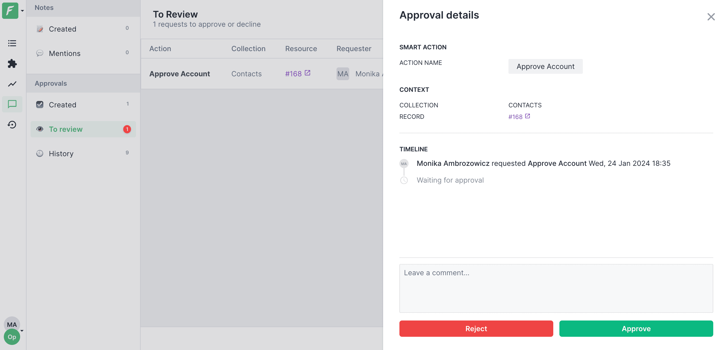 Approval request details in Forest Admin