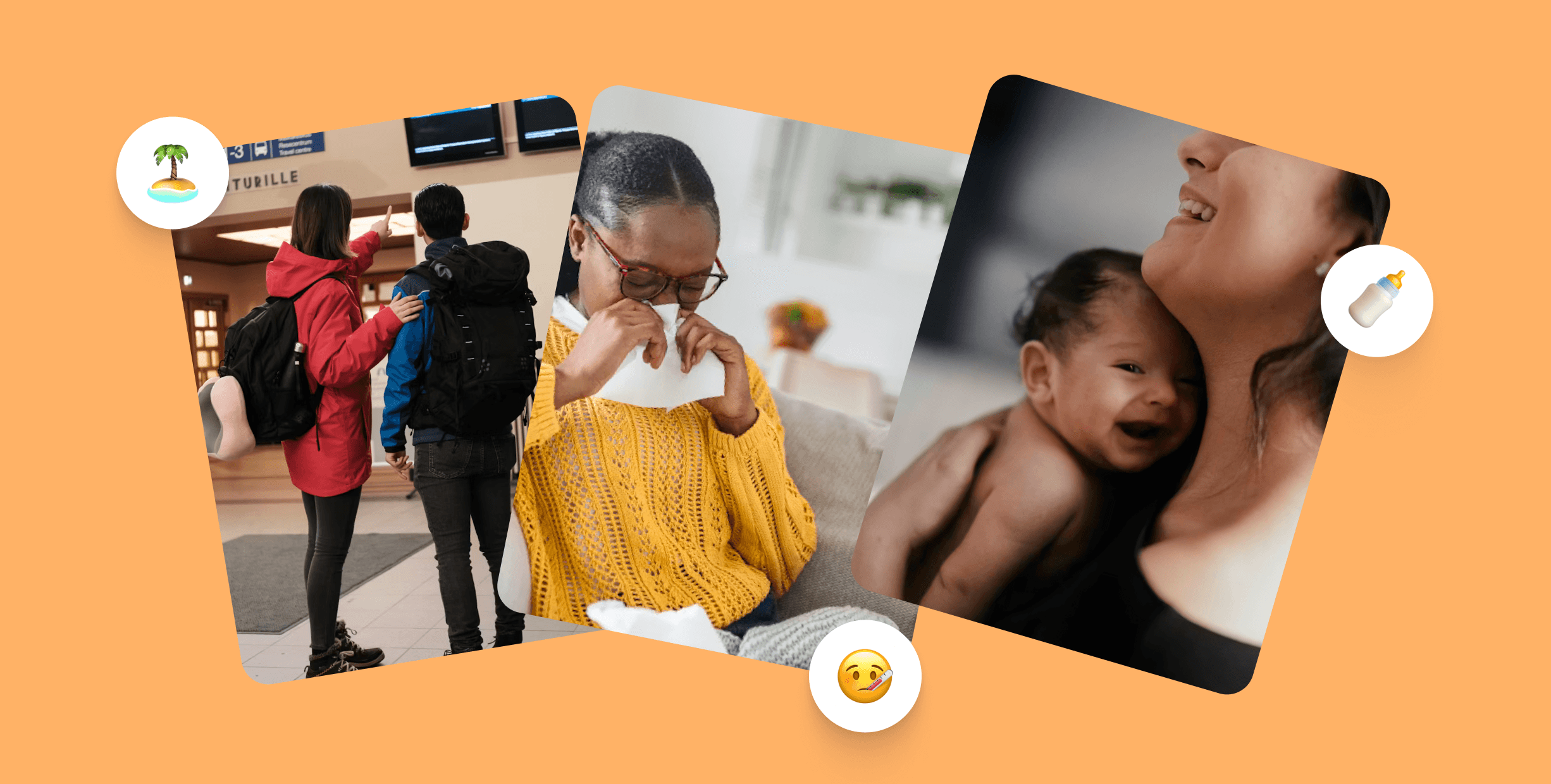 Photos of travelers at a train station, a woman blowing her nose, and a mother holding a young baby, along with emojis for a desert island, face with thermometer, and baby bottle.