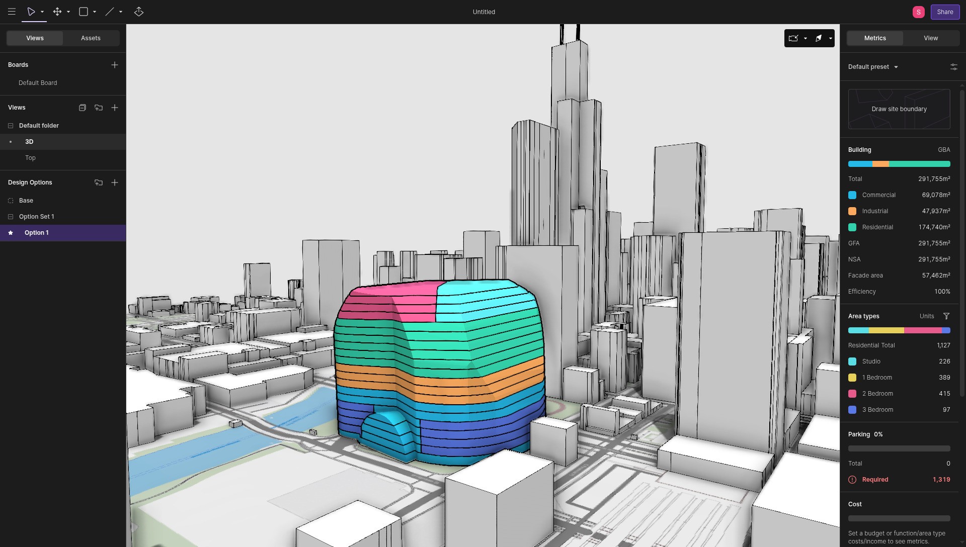 Building imported from a mesh and sliced into 20 floors in Arcol.