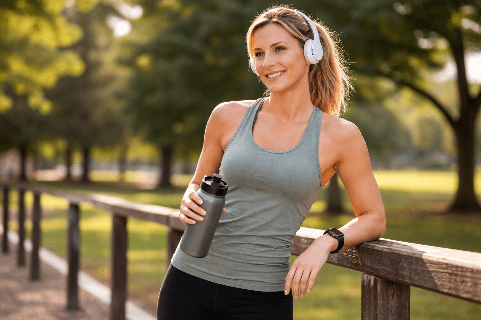 A woman in a green tank top and white headphones holding a water bottle while leaning against a wooden fence in a park.