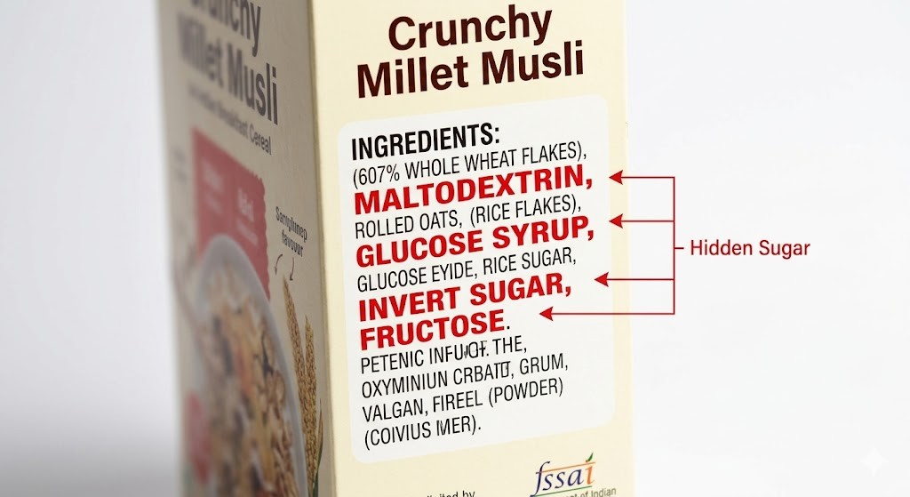 A close-up photograph of an Indian breakfast cereal box showing a detailed ingredient list. The words "MALTODEXTRIN," "GLUCOSE SYRUP," "INVERT SUGAR," and "FRUCTOSE" are prominently highlighted in bold red text. Red annotation arrows point to these specific ingredients from a label on the right side that reads "Hidden Sugar." Other listed ingredients include "607% WHOLE WHEAT FLAKES" (noted for inaccuracies), "ROLLED OATS," and "PETENIC INFO OF THE." An FSSAI logo is partially visible on the bottom edge against a clean white background. This image is designed to illustrate how food manufacturers disguise added sugars on product packaging.