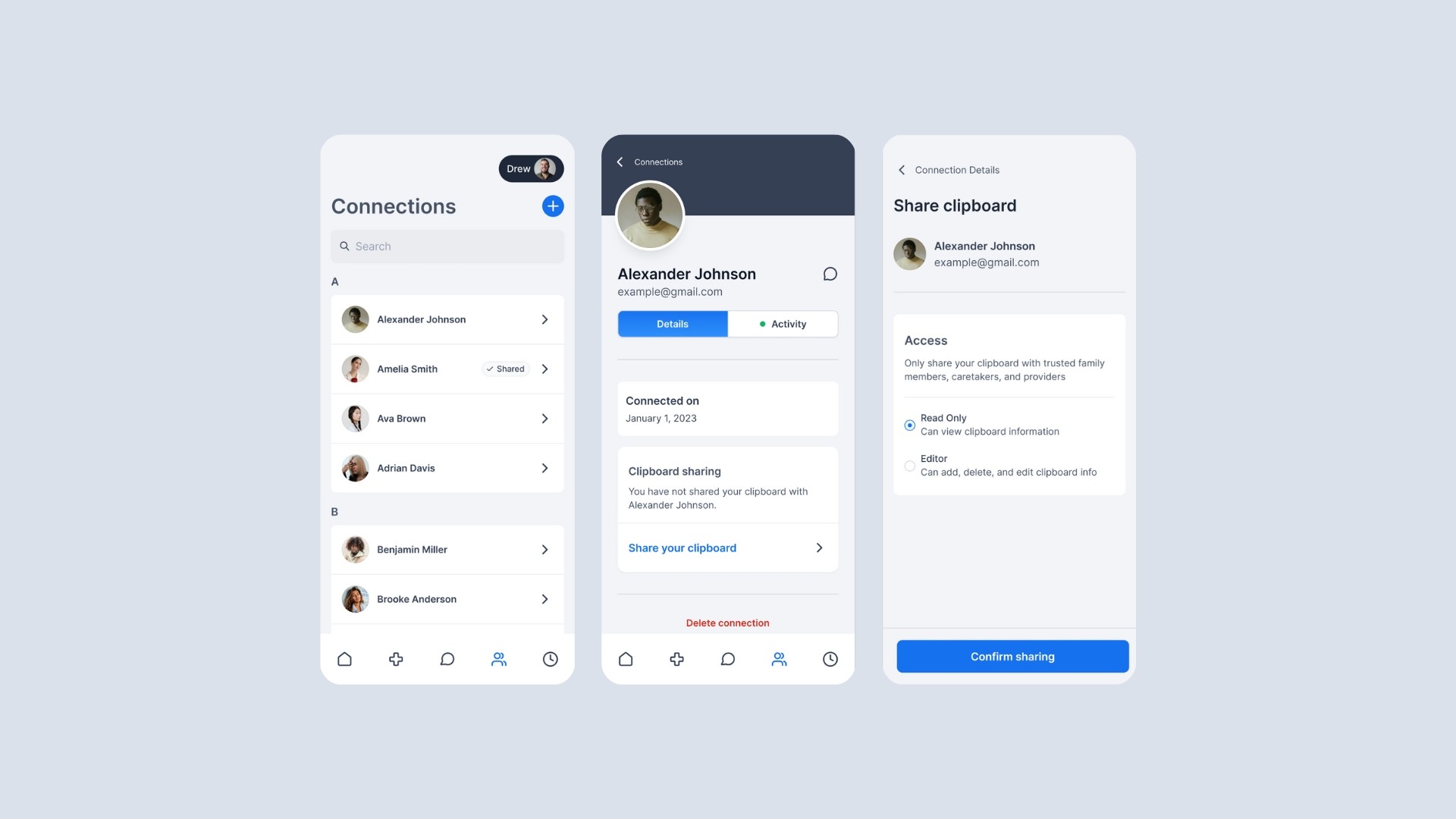 Three screenshots of the contacts tab of the MediKinect app 