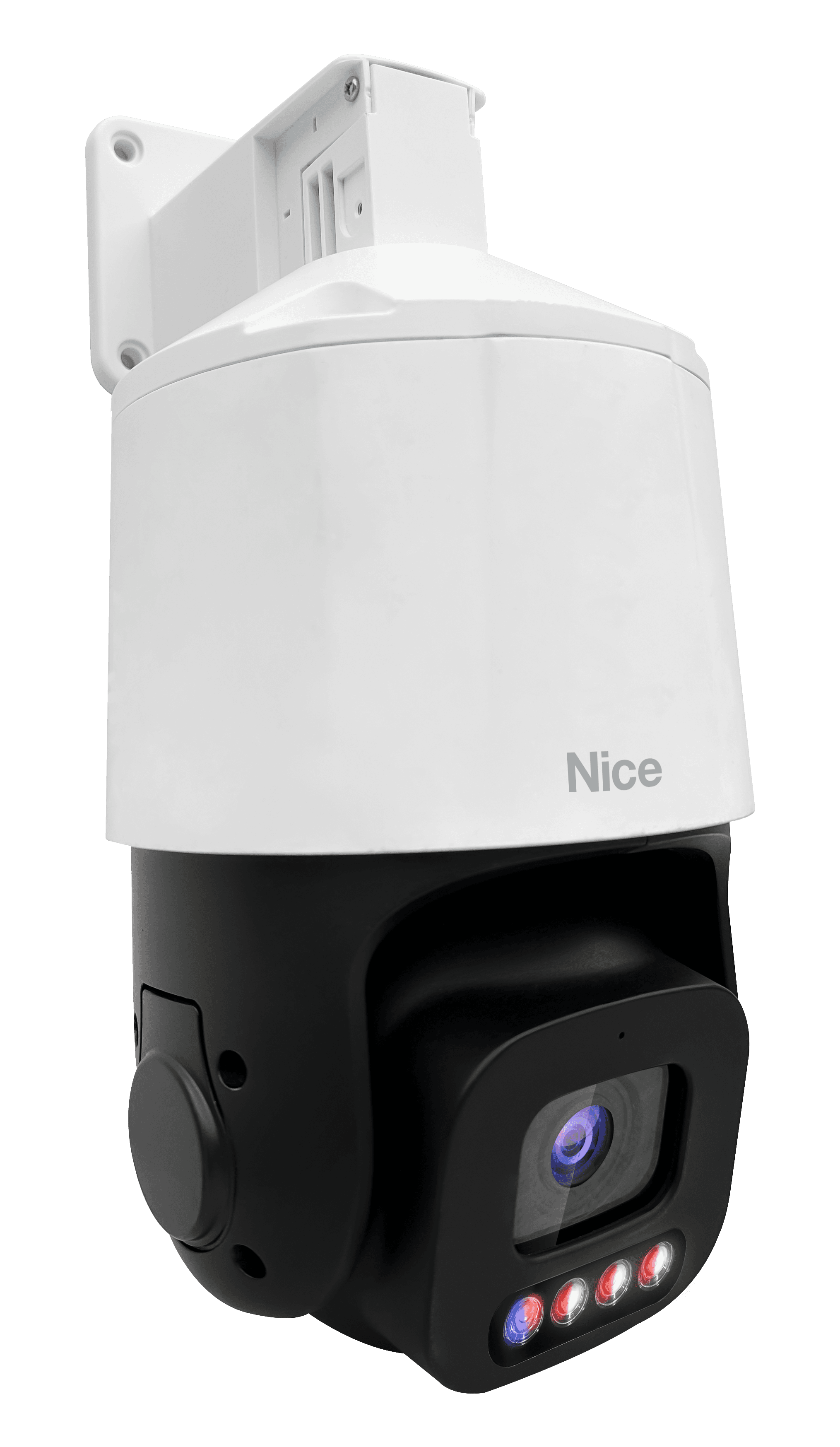 White and black security camera with a "Nice" logo.