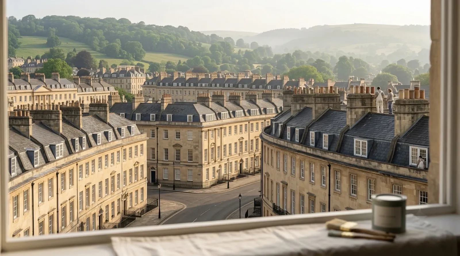 A view over Bath's Georgian crescents and green hills from an open window