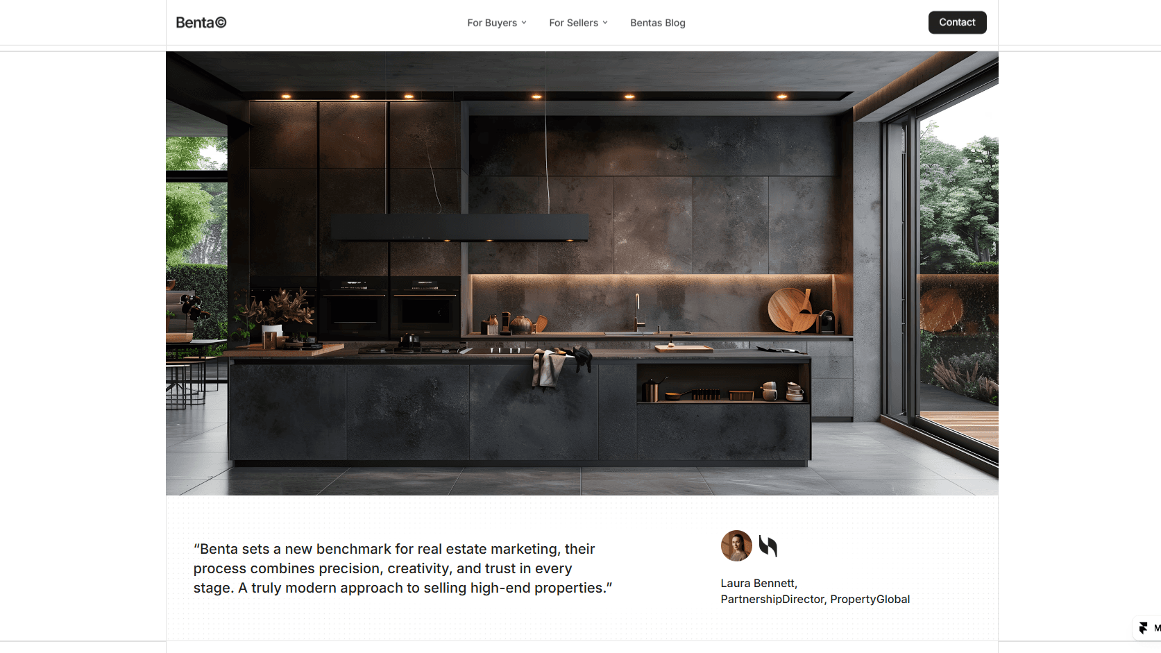 Large testimonial section paired with a full-width photo of a modern interior looking out over a foggy landscape through floor-to-ceiling windows.