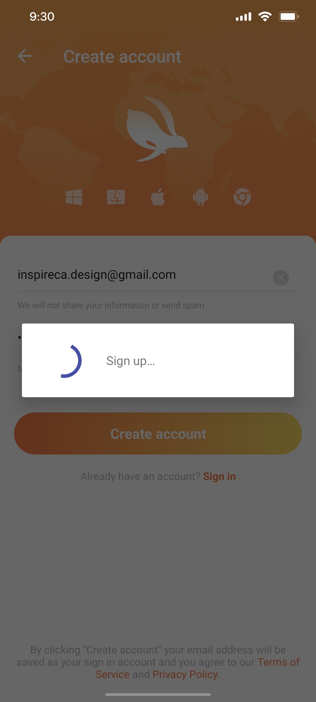 turbo vpn Sign up screen