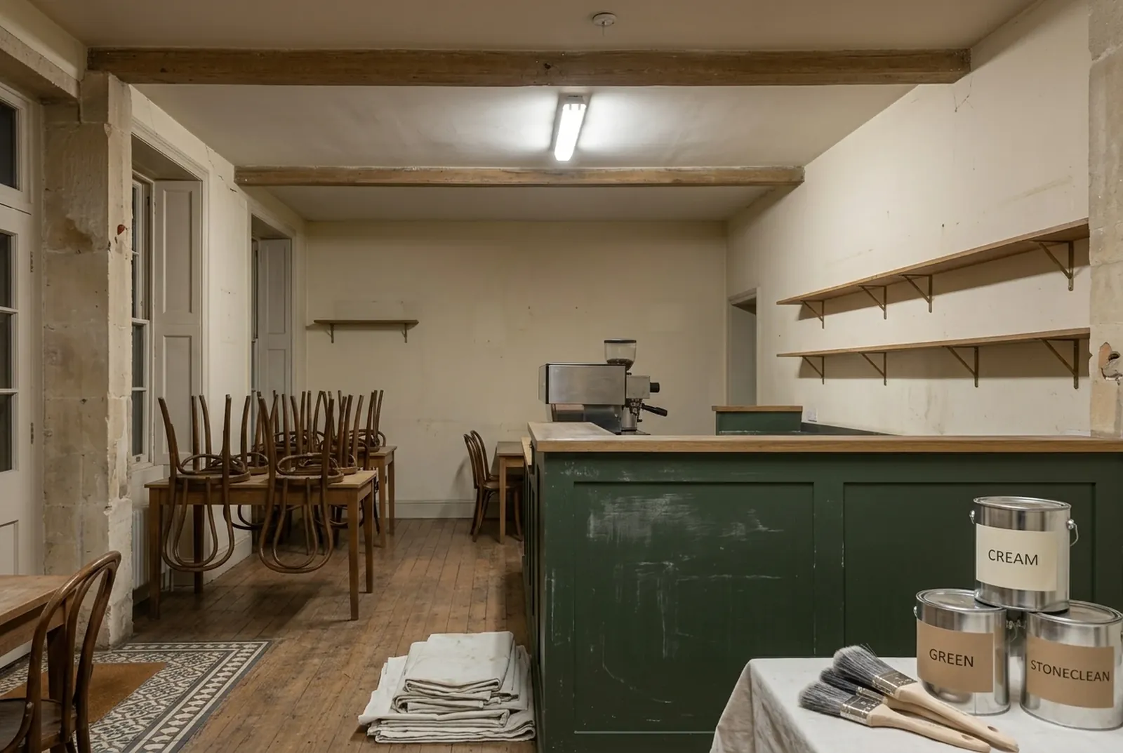The café before, at night: chairs stacked, plain cream walls and dust sheets ready