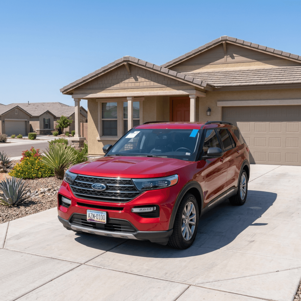 Windshield replacement completed on a red Ford Edge at a home in Tolleson, Arizona