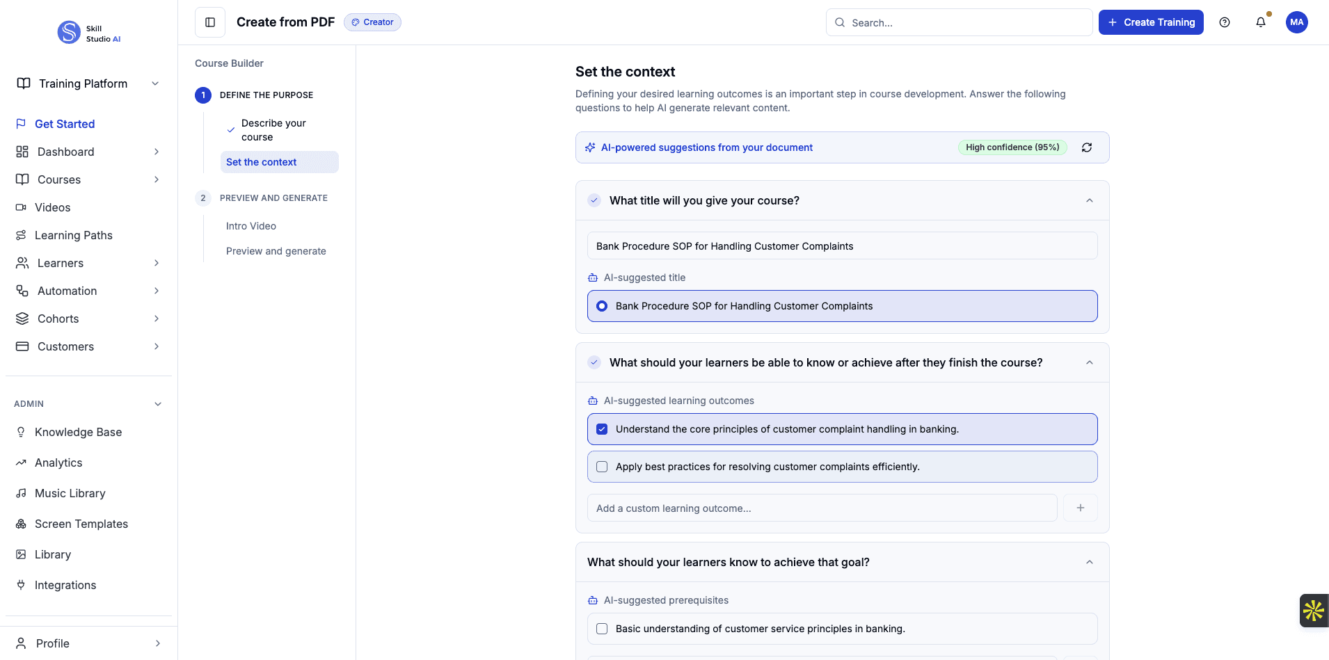 Select the second learning outcome to include best practices for resolving complaints efficiently.