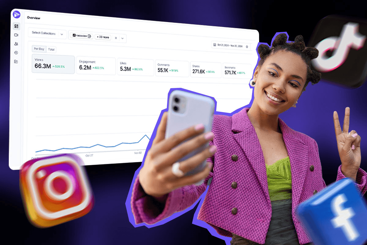 Woman posing with social media dashboard - Social Media Hooks