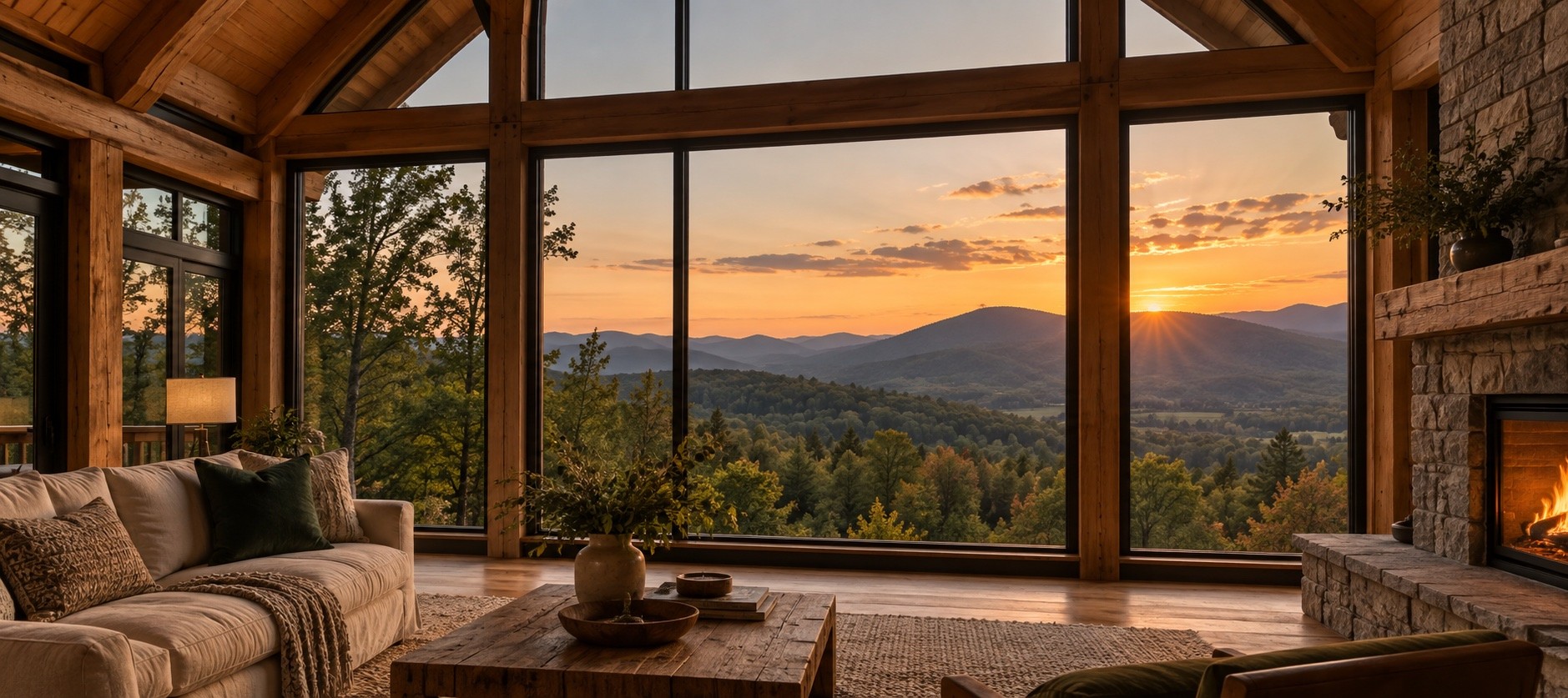 Maple House great room overlooking the Green Mountains at sunset
