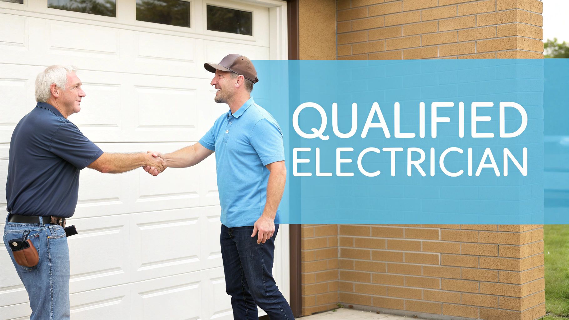 electrician shaking a man's hand in front of a garage door
