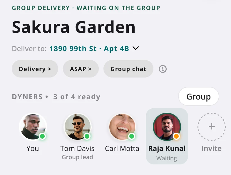 Group delivery Session Home for the same four people: status and roster, with a Deliver to row and a Delivery chip.