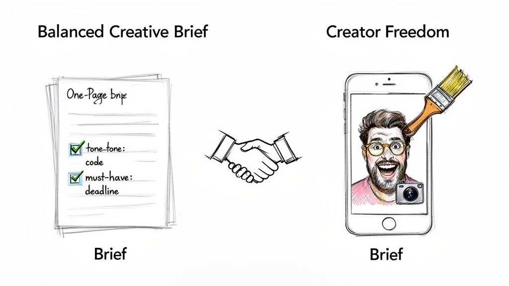 Illustration comparing a structured creative brief checklist to creator freedom, featuring a happy man on a phone screen, linked by a handshake.