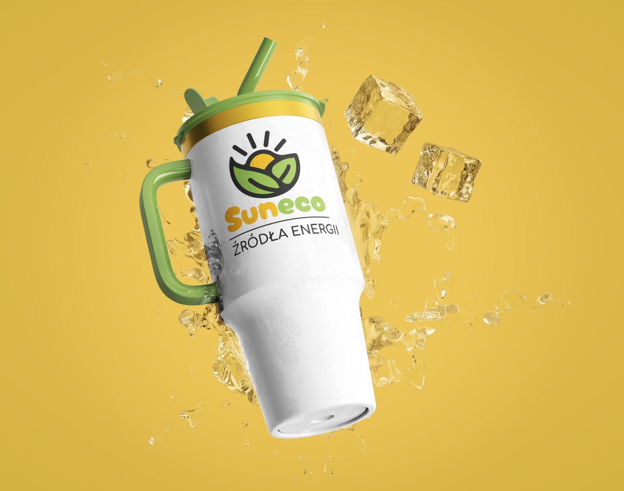 Projekt kubka termosa suneco na żółtym tle