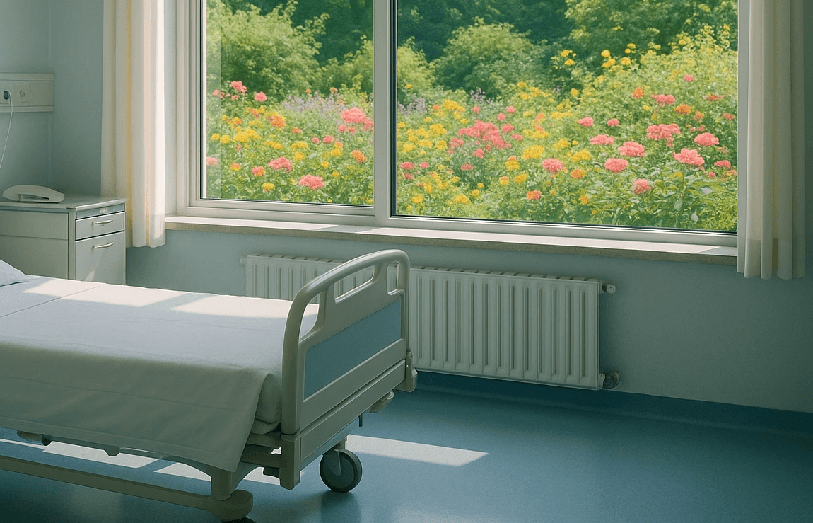 Clean, bright hospital room with a patient bed positioned near large windows overlooking a garden with colorful flowers and green trees, emphasizing a healing environment