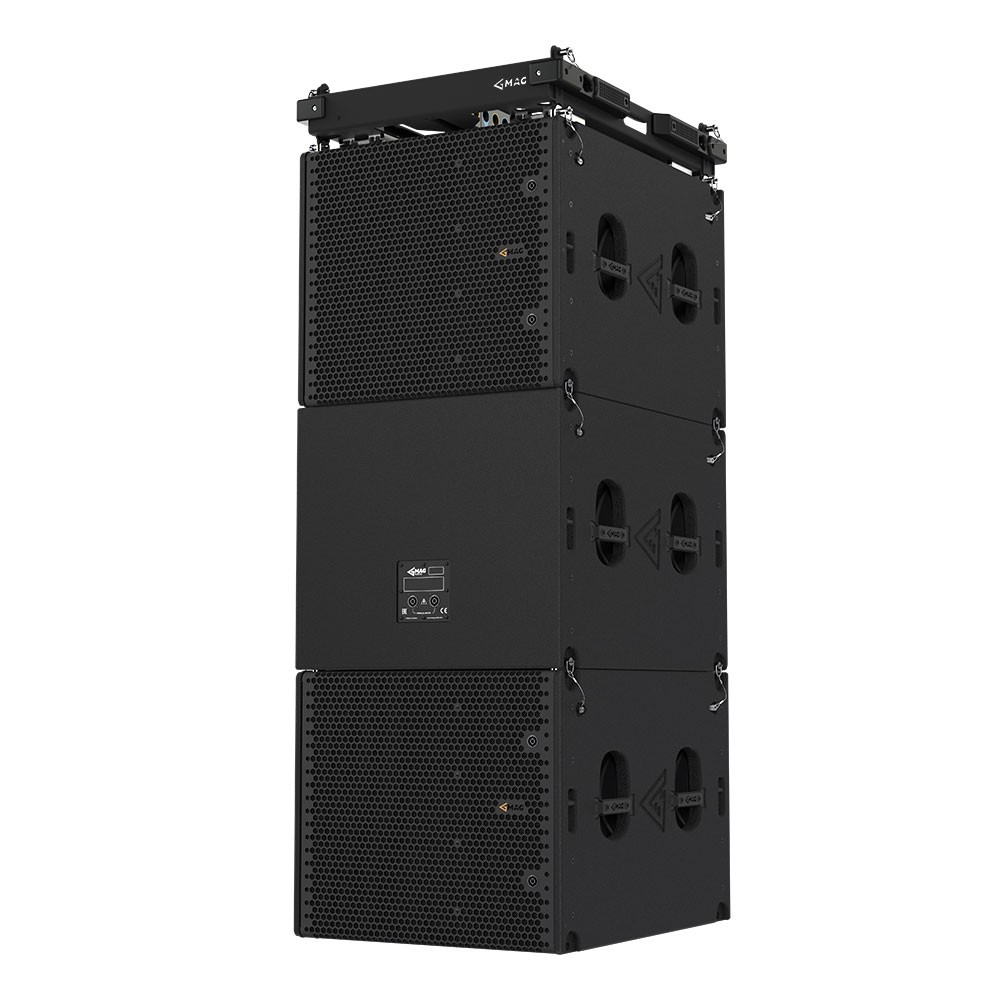 Three black modular speakers stacked vertically.