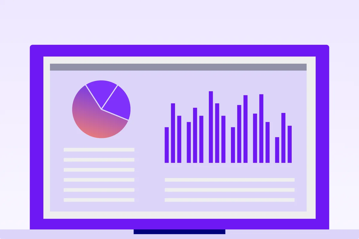 A digital dashboard displaying a pie chart and bar graph in shades of purple on a white background.