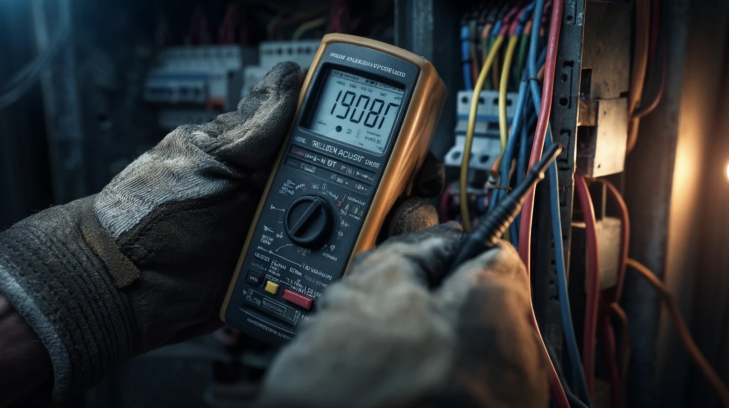 Mains d'électricien tenant un multimètre professionnel Fluke,  sondes sur des bornes électriques, câbles colorés visibles,  éclairage dramatique, intervention dépannage électrique