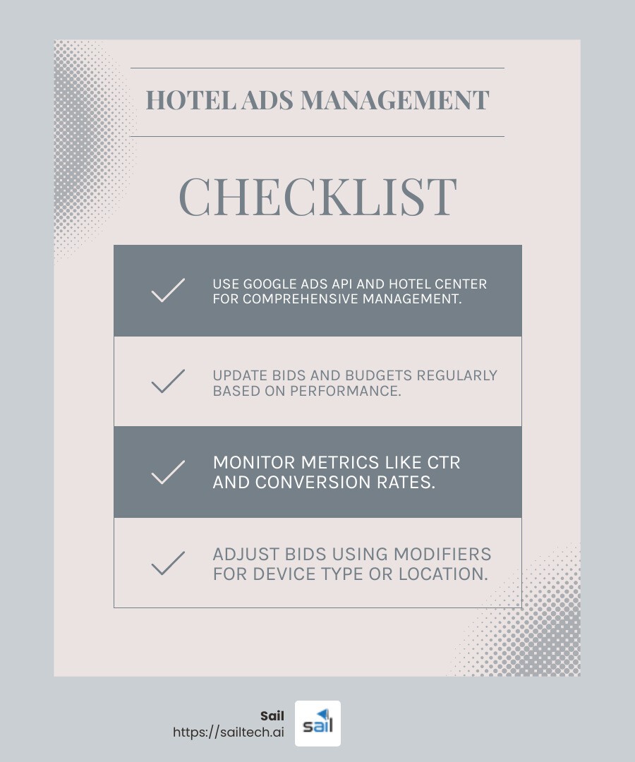 Example of campaign management tools - google ads for hotels infographic checklist-light-blue-grey