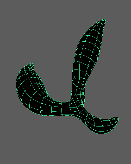 Wireframe view of a branching tubular organic form with two upward tips.