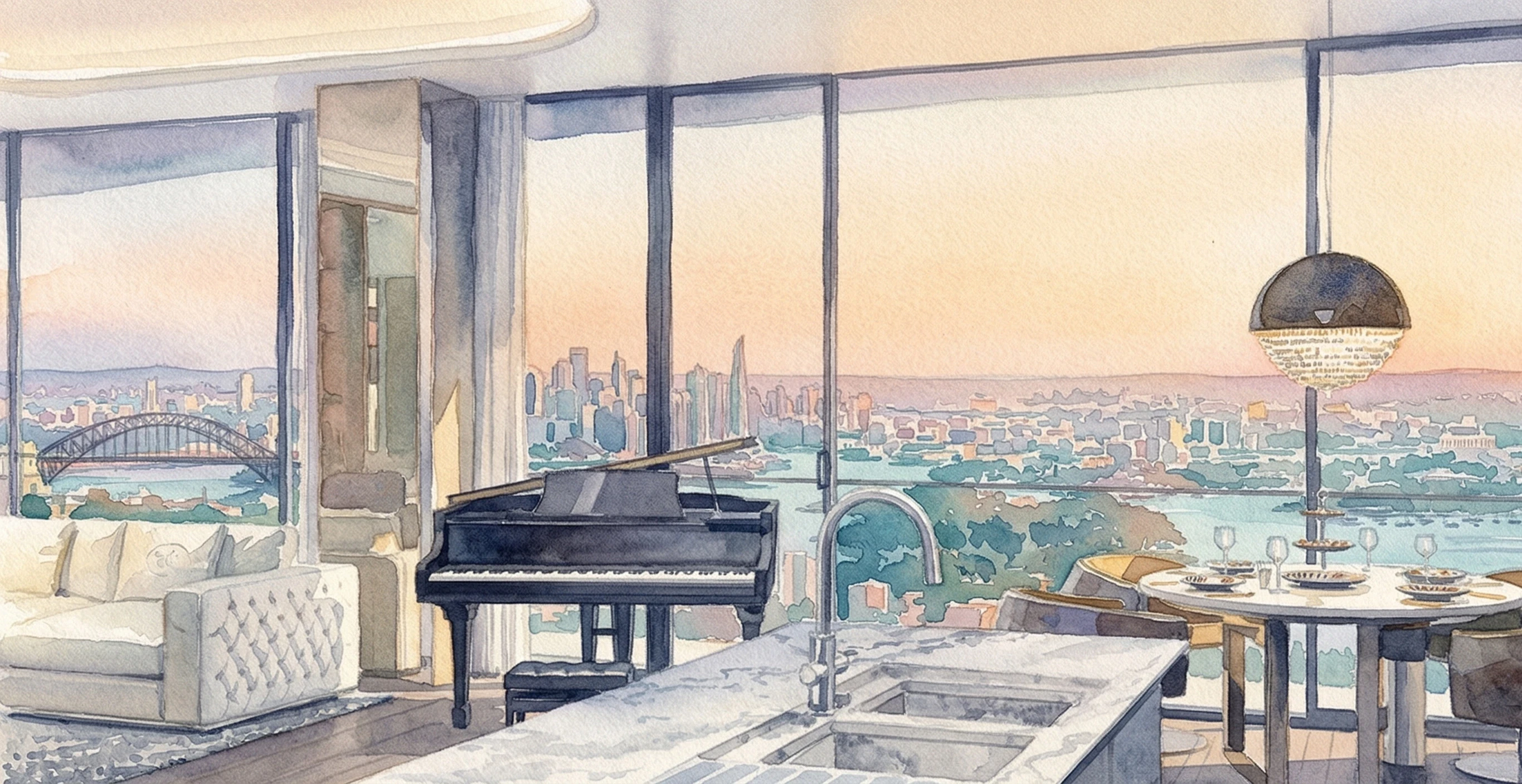 Watercolor painting of a luxury apartment interior with city skyline and Sydney Harbour Bridge views at sunset, featuring a grand piano and modern kitchen area.