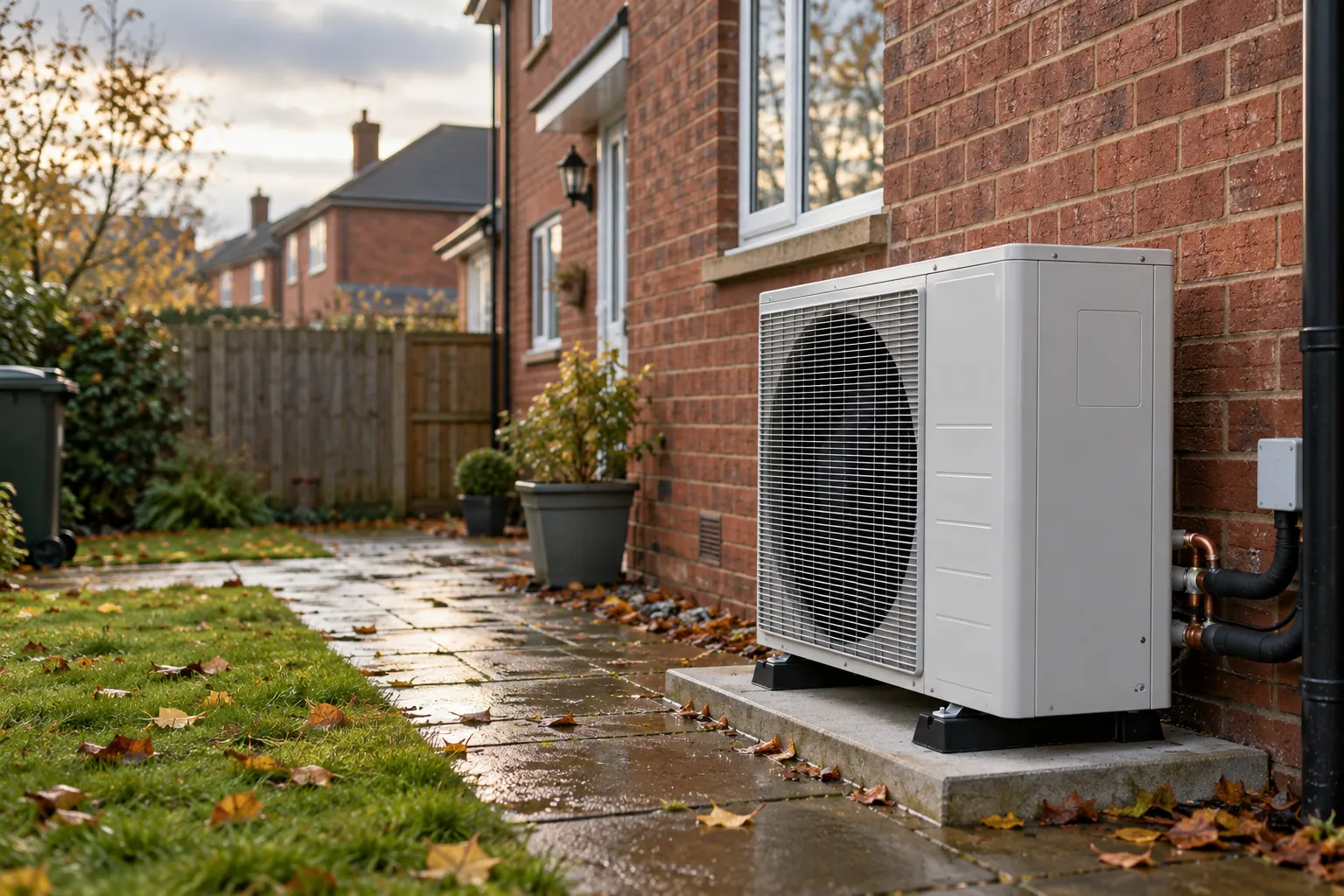 White air source heat pump outdoor unit on a concrete plinth beside a red-brick semi-detached house, with insulated pipework running into the side wall