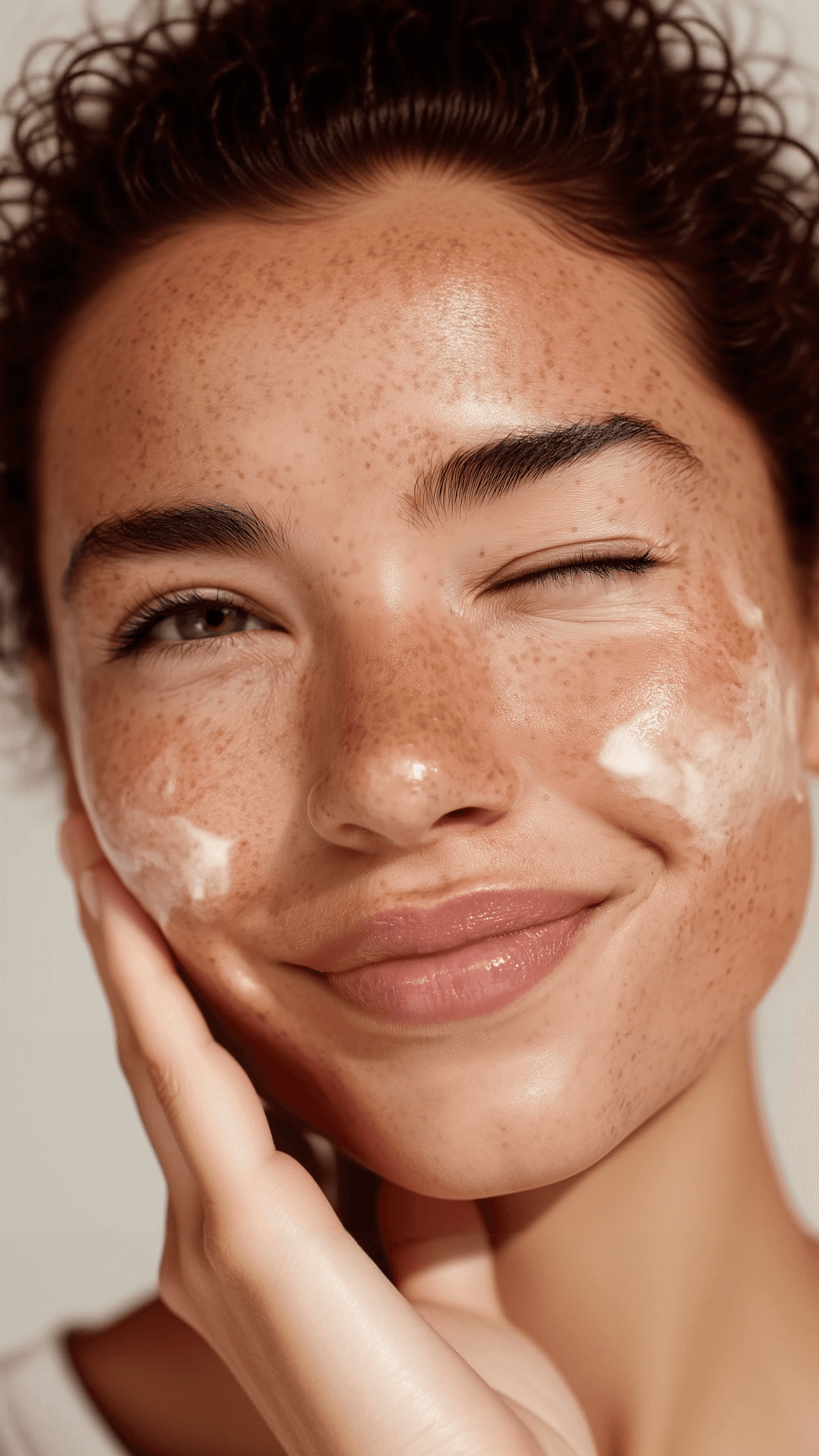 Smiling woman with freckles applying cream to her cheek.