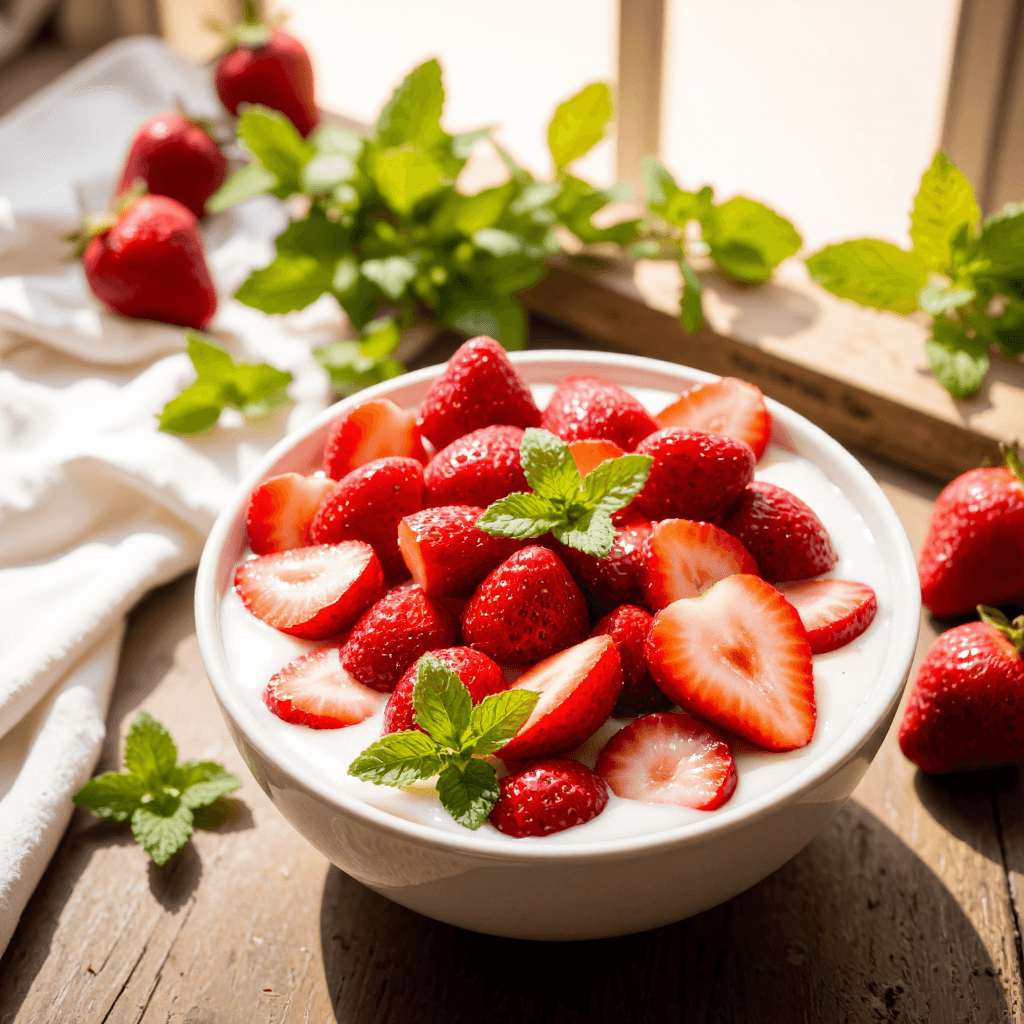 product photography of a bowl of sliced strawberries on cream
