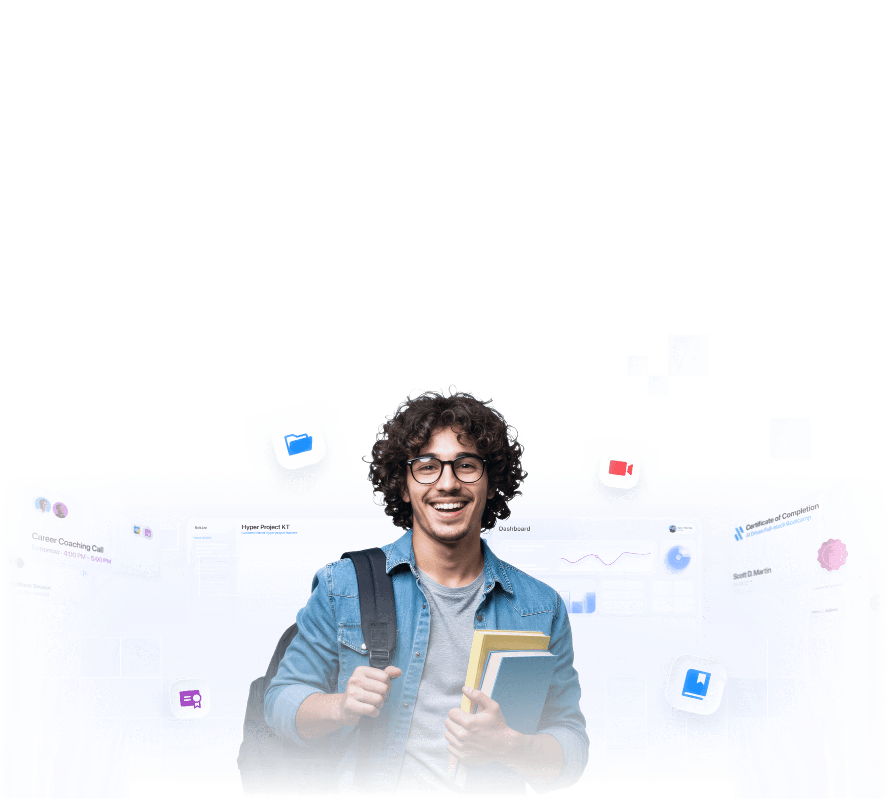 Hero Image - A smiling person with curly hair stands in front of abstract graphics and floating elements.