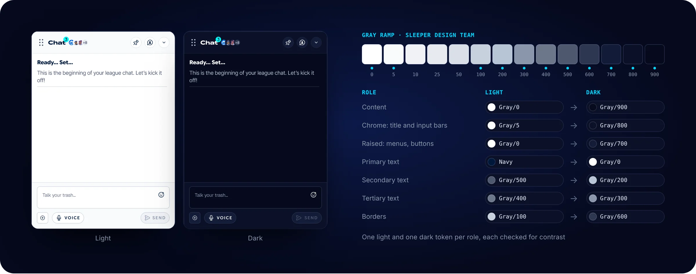 The same chat in light and dark, next to the design team's gray ramp and the token each role uses: content Gray/0 and Gray/900, title and input bars Gray/5 and Gray/800, menus and buttons Gray/0 and Gray/700, primary text Navy and Gray/0, secondary text Gray/500 and Gray/200, tertiary text Gray/400 and Gray/300, borders Gray/100 and Gray/600