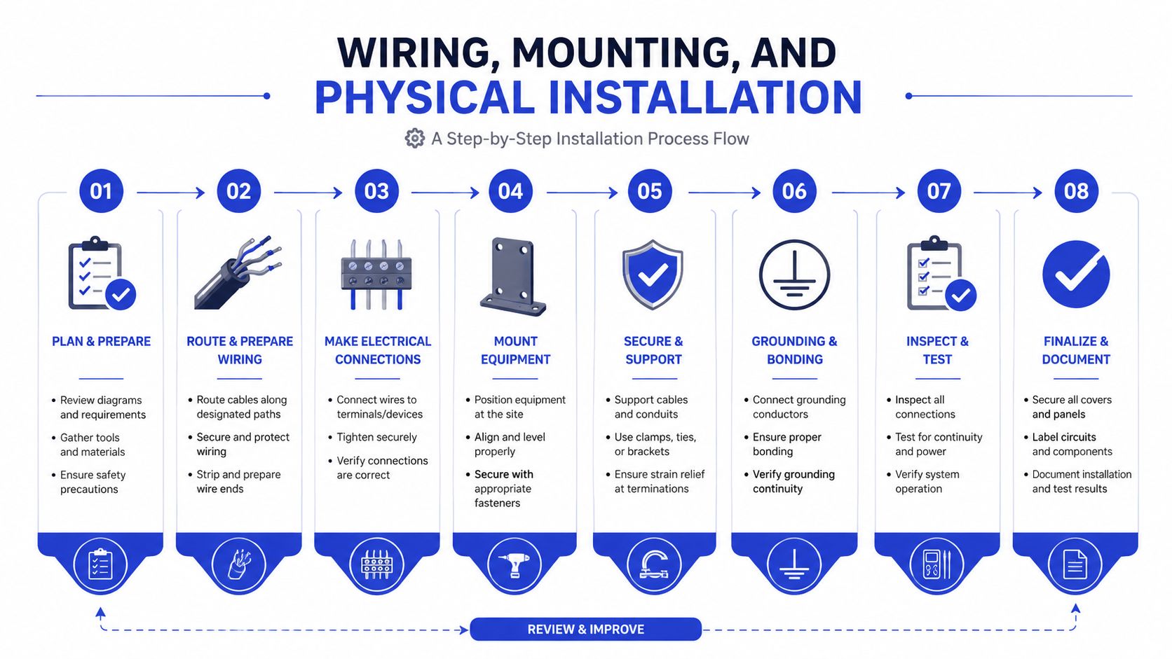 An eight-step infographic detailing the professional process of electrical wiring, equipment mounting, and physical installation procedures.