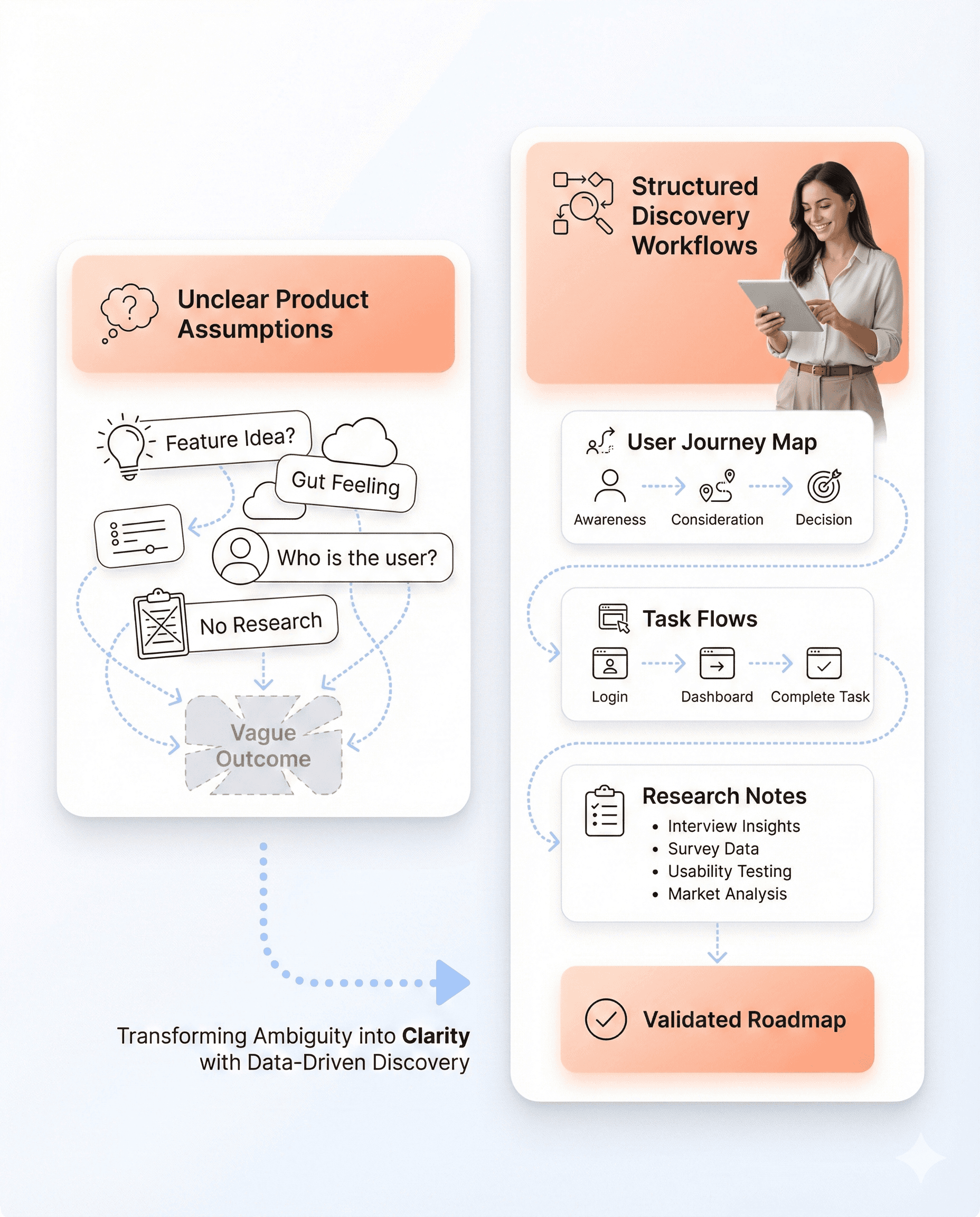 Comparison of unstructured product assumptions and structured discovery workflows using user journeys, task flows, and research insights in a SaaS interface.