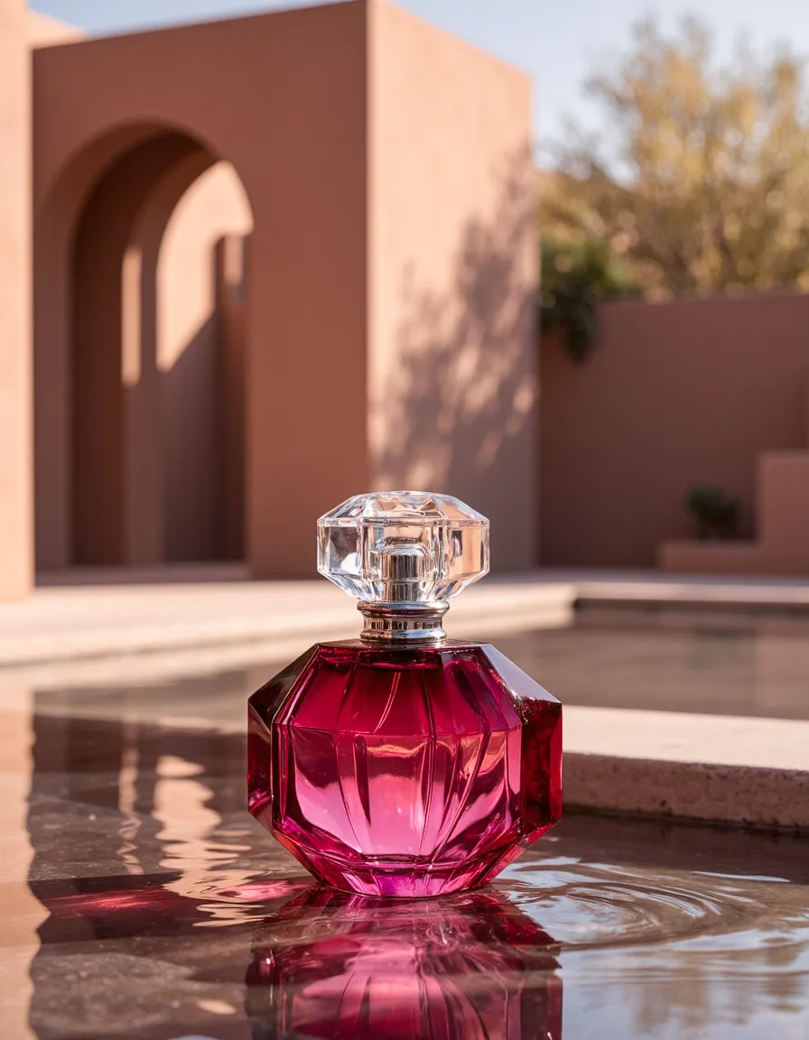 Vibrant magenta perfume bottle with crystal stopper reflecting in shallow water against warm terracotta architecture with arched doorway