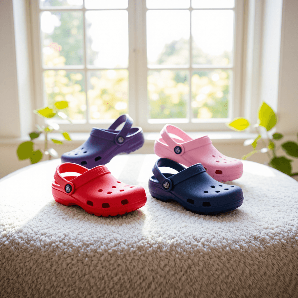 product photography of a pair of colorful children's clogs