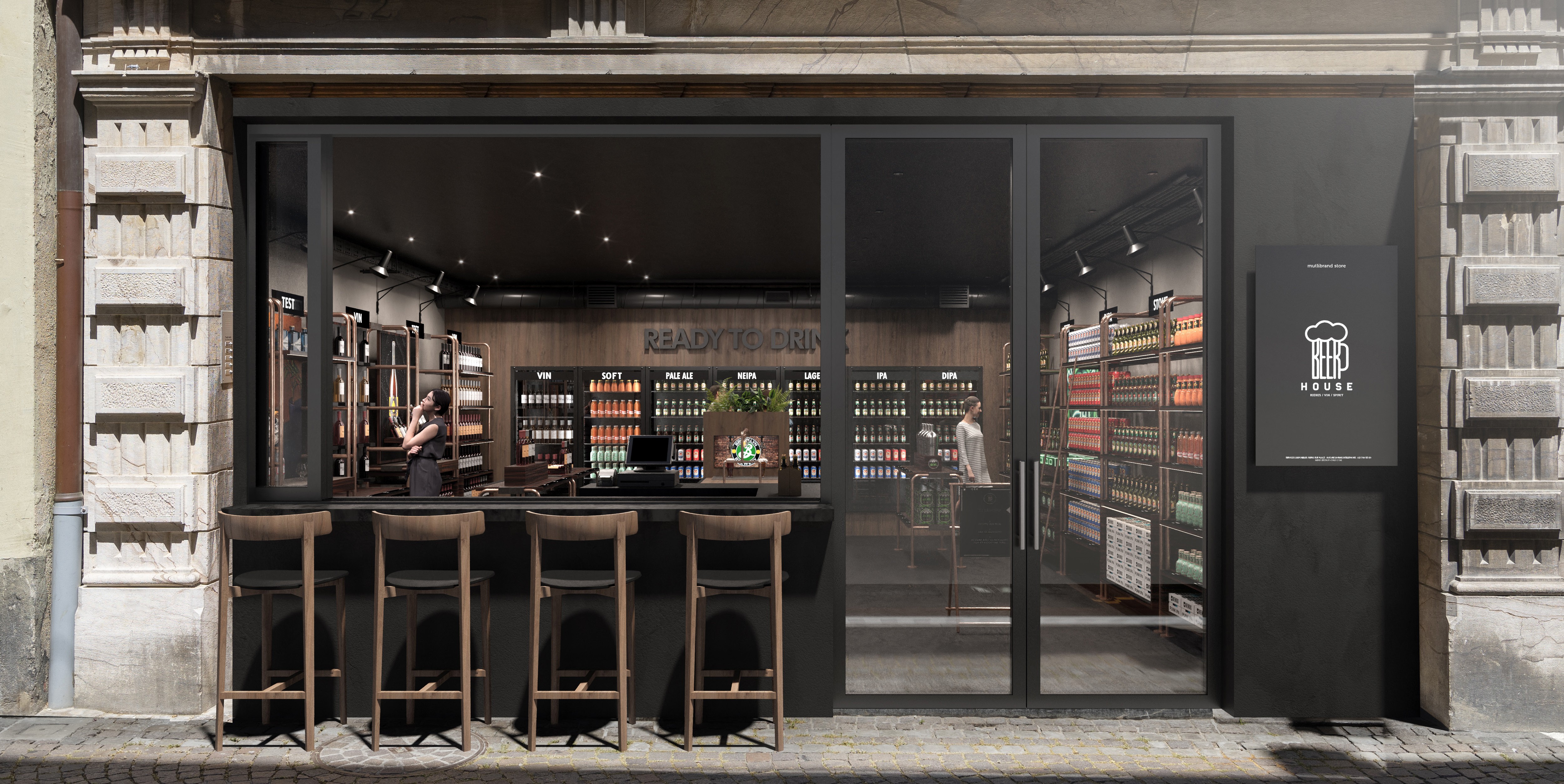 Storefront  for Beer store design retail and scenography concept and industrial area in Switzerland 