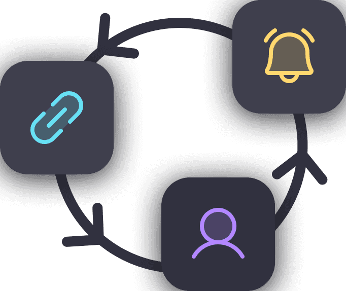 Circular flow connecting link, notification, and user icons.