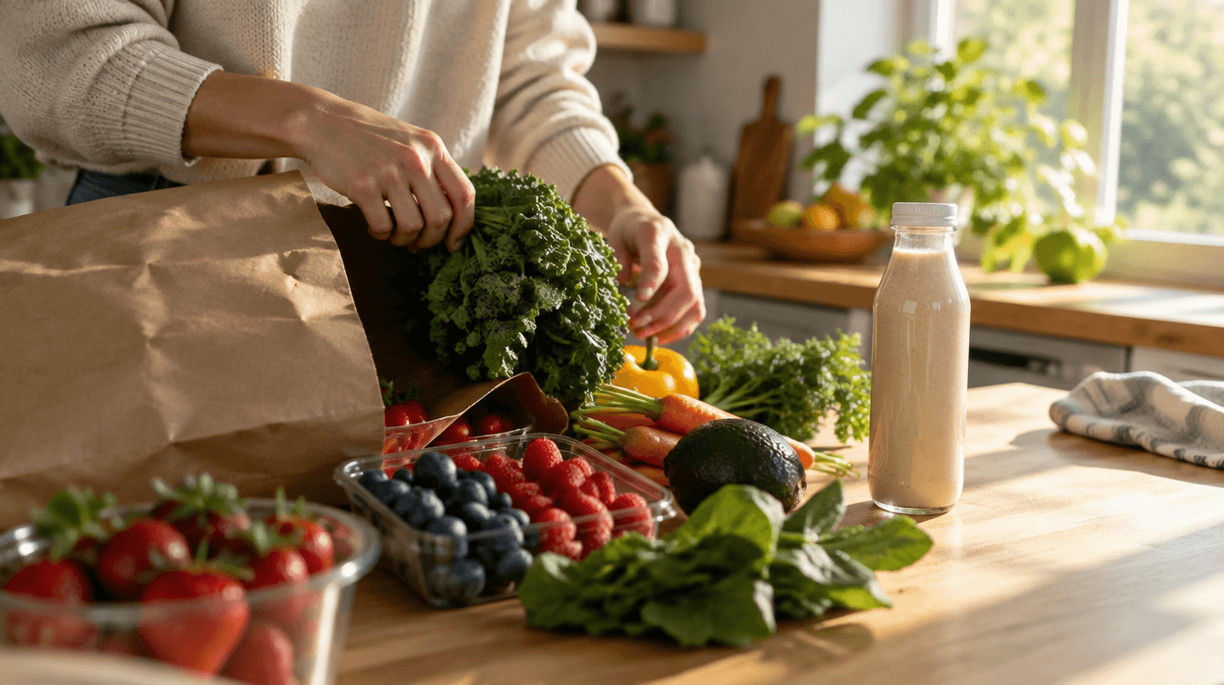 Fresh produce and a protein shake being unpacked on a sunlit kitchen counter