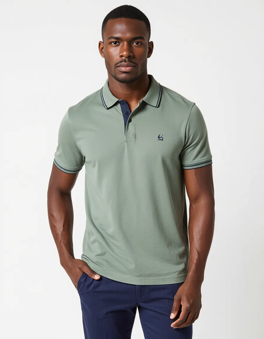 Professional portrait featuring a sage green polo shirt with navy trim and navy pants against a clean white background
