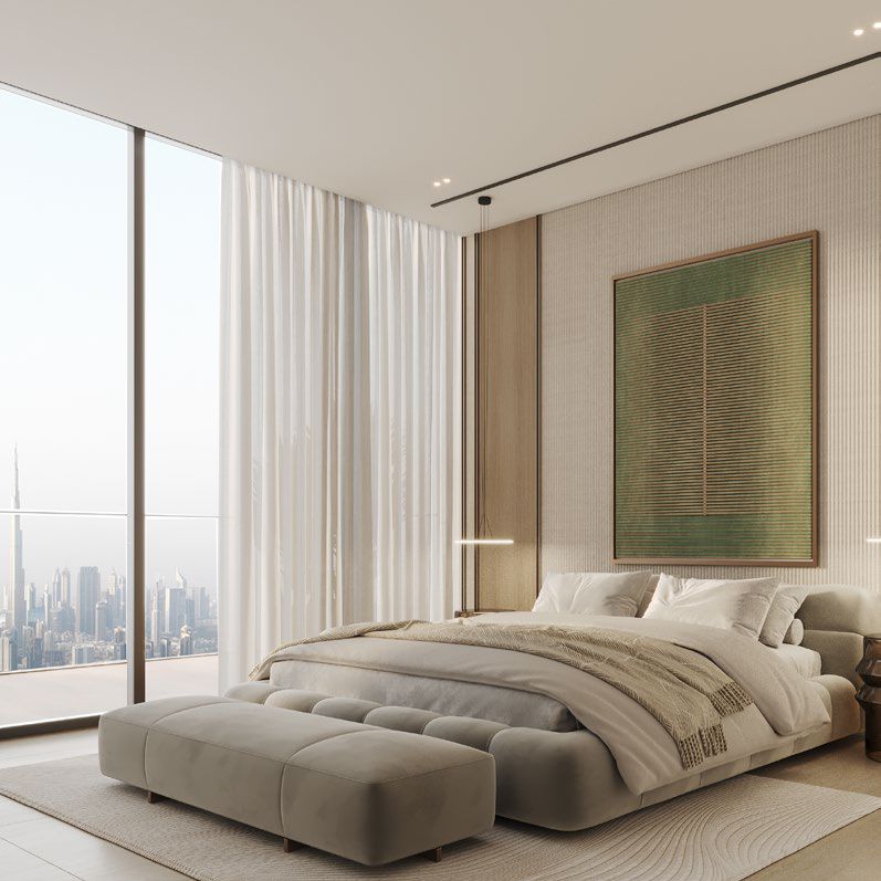 Luxury bedroom in Binghatti Titania featuring floor-to-ceiling city views. Premium Dubai real estate.