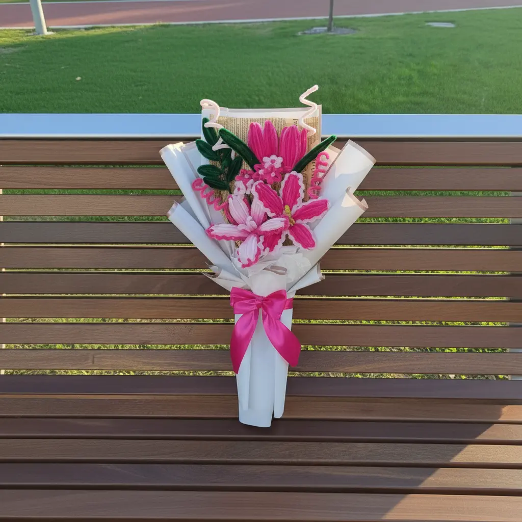 ramo lirios rosado vista de frente de un banco