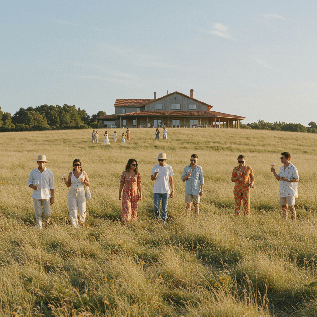 Guests touring the fields of Refúgio do Leão, walking drinking wine with the main refuge building in the background.