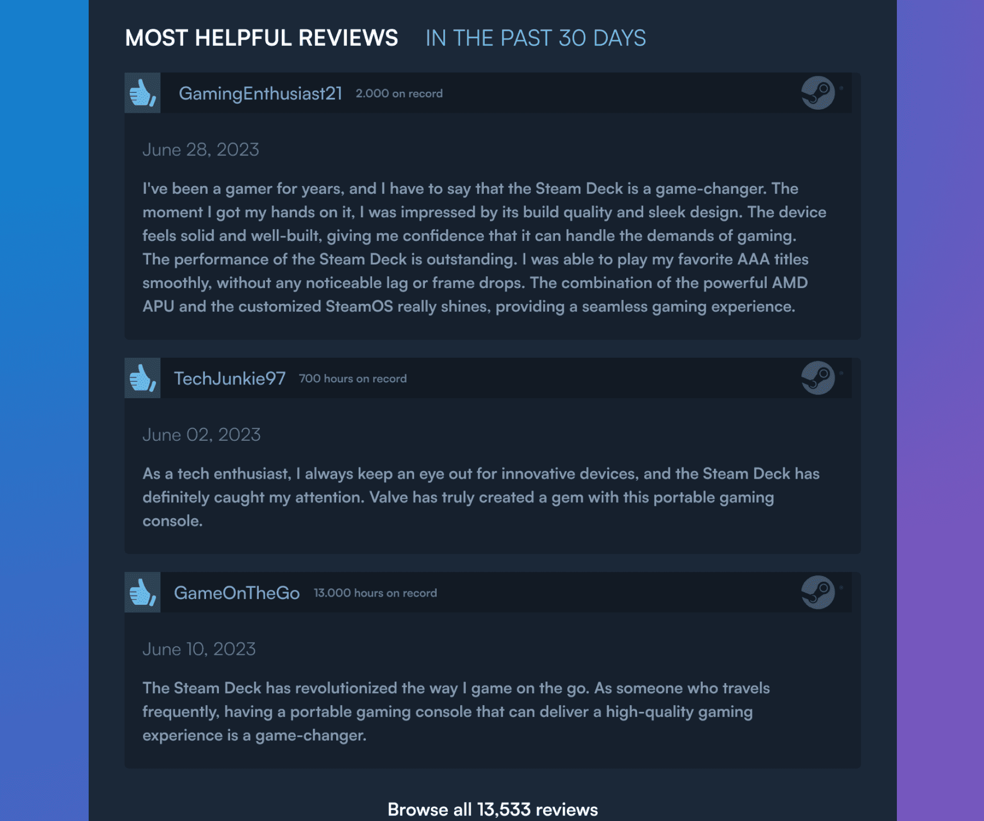Esta imagem exibe uma interface de usuário com avaliações destacadas sobre o Steam Deck, apresentando experiências e opiniões de clientes, ampliando a compreensão sobre suas capacidades de jogo e impacto.