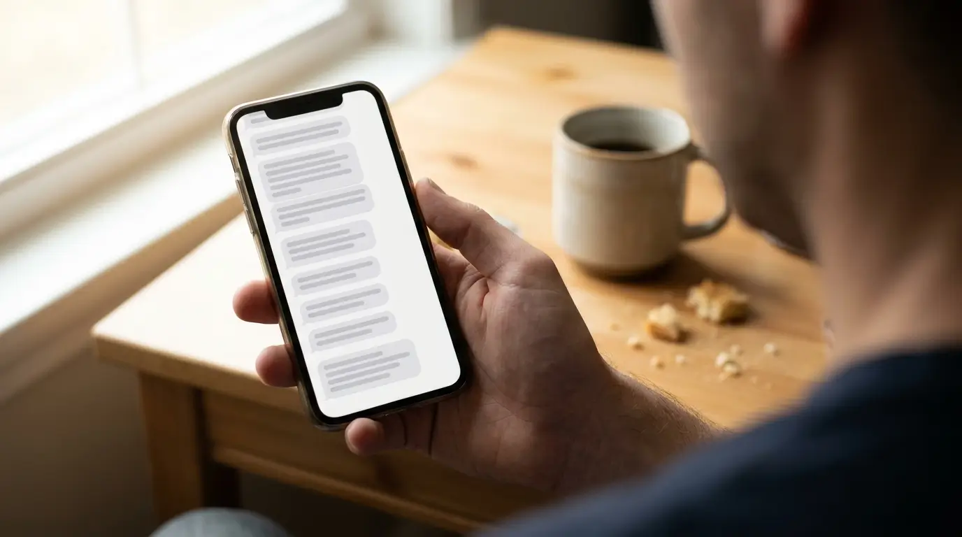 A phone held at a reading angle showing a long message thread scrolled back, where several of the incoming messages are the same short length as one another.