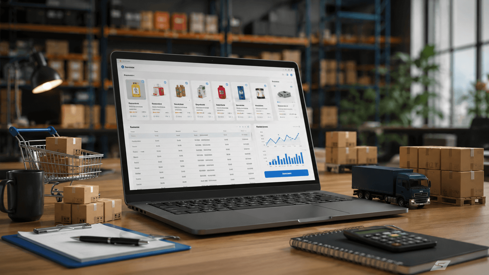 Renderização 3D realista em formato widescreen mostrando um laptop aberto sobre uma mesa de madeira em um ambiente que combina escritório e centro de distribuição. Na tela há uma interface de portal B2B com catálogo de produtos, histórico de pedidos e gráficos de desempenho. Ao redor do computador aparecem caixas de papelão, um carrinho de compras em miniatura, uma miniatura de caminhão de entrega, prancheta, caderno e calculadora. Ao fundo, estantes de armazém com produtos armazenados estão desfocadas, reforçando o contexto de distribuição e logística. A cena transmite eficiência operacional, compras recorrentes e relacionamento contínuo entre distribuidoras e revendedores.