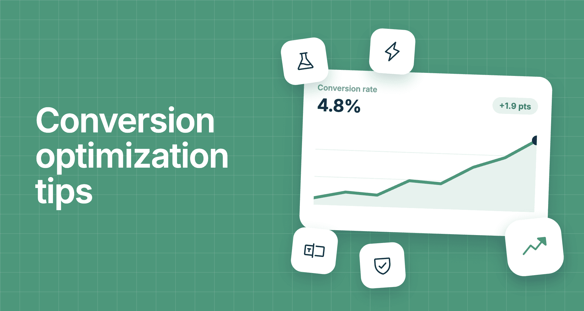 Text reading “Conversion optimization tips” next to a digital card showing a 4.8% conversion rate and an upward-trending line graph, surrounded by icons including a flask, lightning bolt, and shield.